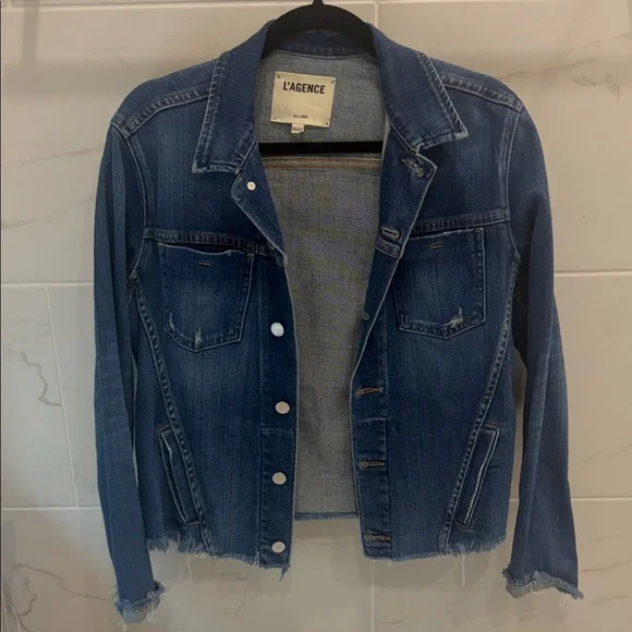 L'AGENCE Blue Raw Cut Denim Jacket - Picture 3 of 8
